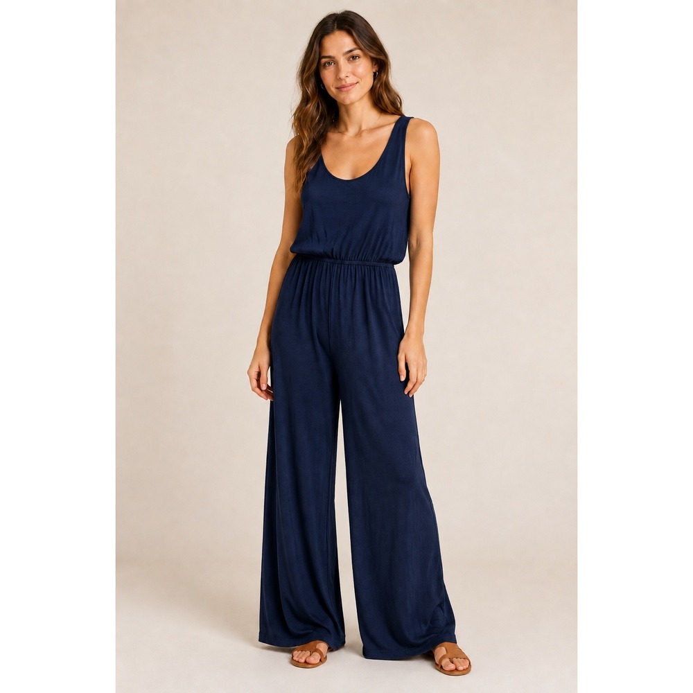 Velvet by Graham & Spencer Navy Blue Vintage Slub Cotton Wide Leg Jumpsuit XL